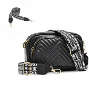 Black quilted leather camera crossbody bag with chic geometric woven strap and gold hardware.