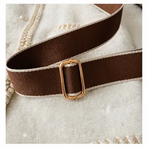 Detailansicht verstellbarer Schultergurt Damentasche braun beige Gurtband mit goldener Schnalle