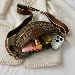 Damen Mode Hahnentritt Brusttasche lässige breite Gurt Umhängetasche mit Kette Tasche