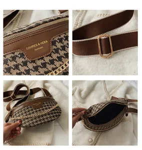 Damen Hahnentritt Brusttasche vielseitige Taillentasche breiter Gurt Umhängetasche mit Kette