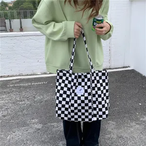 Sac cabas en toile chic coréen grand format élégant sac bandoulière à carreaux femme