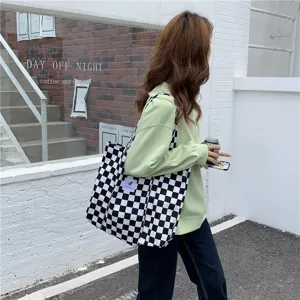 Sac cabas en toile style chic coréen, grande capacité sac à bandoulière à carreaux noir et blanc