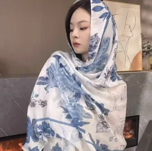 Blue and white floral print scarf detail, lightweight boho style shawl for women summer.