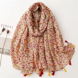 Floral print cotton linen scarf with colorful tassels, elegant vintage shawl for women.