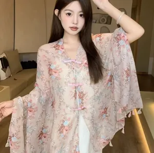 Lightweight floral print kimono cape shawl for women summer beach vacation sunscreen cover up.