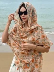 Retro ethnic floral print cotton linen shawl scarf for women, comfortable beach sunscreen cape.