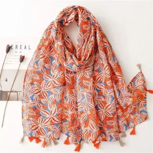 Cotton linen floral print tassel scarf detail, retro ethnic style spring autumn shawl accessory.