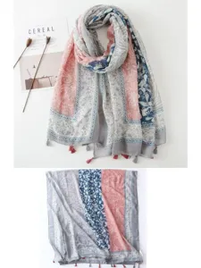 Cotton linen bohemian tassel scarf for women, ethnic style printed shawl for summer travel.