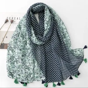 Linen blend floral print boho tassel scarf lightweight summer sun protection shawl.