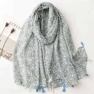 Boho floral cotton linen scarf, vintage tassel summer sun protection shawl for women