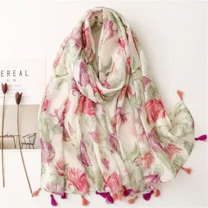 Cotton linen bohemian floral scarf with tassels, lightweight summer sun protection wrap.