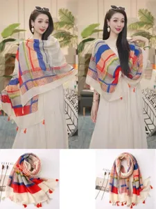 Detailed view of vintage grid printed cotton linen shawl scarf with colorful tassels.