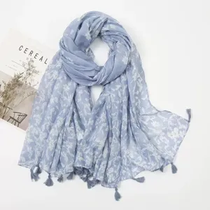 Lightweight blue floral print tassel scarf stylish summer bohemian cotton shawl soft