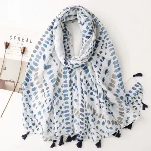 Blue and grey brushstroke patterned white tassel scarf, lightweight summer shawl for women.