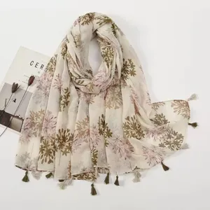Floral print linen blend scarf with delicate tassels, lightweight bohemian shawl for summer daily wear.