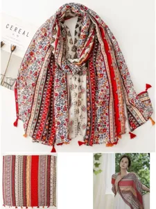 Cotton linen retro ethnic printed scarf shawl, perfect for spring autumn sun protection.