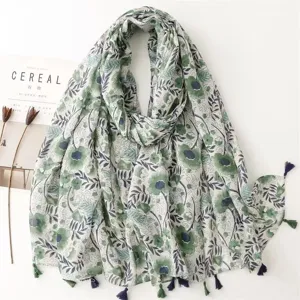 Green floral bohemian cotton linen scarf with tassels, perfect for summer sun protection.
