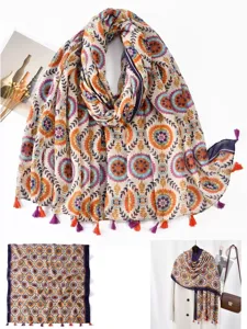 Retro ethnic floral print cotton linen scarf shawl for women detail view showing fabric pattern.