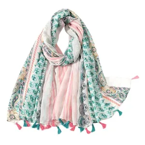 Bohemian cotton linen green and pink striped tassel scarf summer travel shawl for women