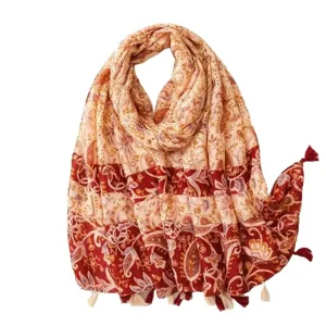 Retro ethnic paisley print cotton linen scarf, comfortable autumn sun protection shawl.