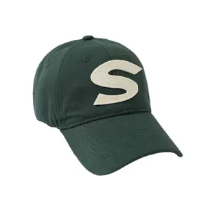 Green cotton baseball cap with letter S patch, stylish sun protection hat for outdoor sports.