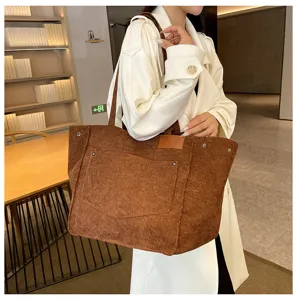 Brown corduroy tote bag large capacity vintage shoulder bag for women daily use style