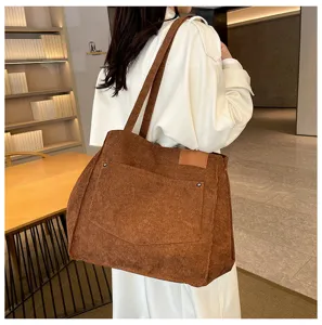 2024 autumn new women's corduroy large capacity retro shoulder tote bag solid handbag.