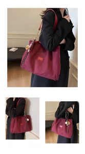 Burgundy matte large capacity shoulder tote bag for women, stylish casual commute bag with chain.