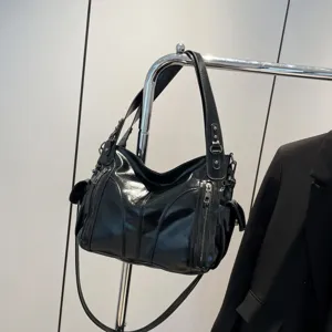 Black patent leather shoulder bag minimalist retro design large capacity casual tote bag