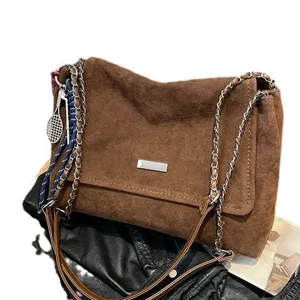 Retro brown suede shoulder bag with chain strap, large capacity commuter messenger bag.