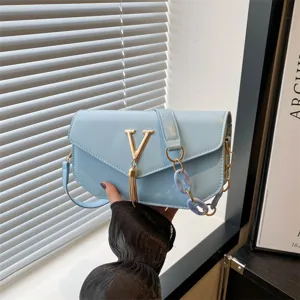 Women Fashion PU Leather Shoulder Bag Casual Crossbody Bag Small Square Bag With Tassel And Metal V Logo Charm