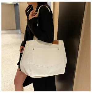 Large capacity white corduroy tote bag for women, stylish retro shoulder handbag.