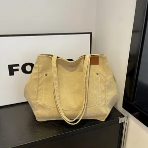 Women Corduroy Tote Bag Large Capacity Vintage Casual Shoulder Bag Solid Color Handbag Daily Commuter Bag
