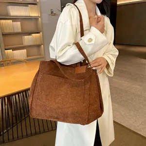 Brown corduroy tote bag for women, large capacity vintage shoulder bag and stylish handbag.
