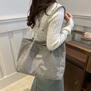 Graue Kord-Shopper-Tasche für Damen, große Umhängetasche für Arbeit und Alltag, lässig.