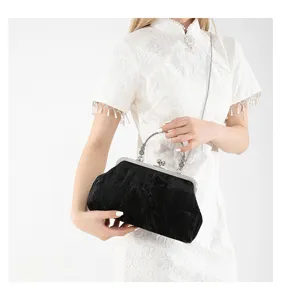 Vintage velvet evening clutch bag with metal frame lock and chain strap for women detail