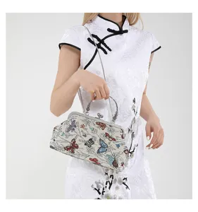Chinese style vintage butterfly tapestry handbag for women with metal chain and kiss-lock.
