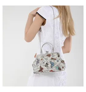 Vintage Chinese style butterfly tapestry handbag with metal kiss-lock and chain strap for women.