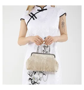 Vintage velvet kiss-lock chain bag, elegant retro handbag for women, Chinese style accessory.