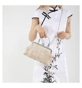 Vintage velvet kiss-lock handbag with metal chain and handle, elegant retro crossbody bag.