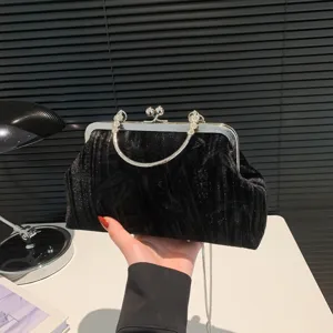 Black velvet clutch bag with rhinestone handle retro evening bag metal lock crossbody bag