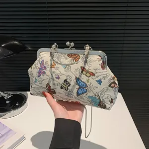 Vintage Woven Fabric Clutch Bag Retro Butterfly Pattern Chain Crossbody Handbag for Women