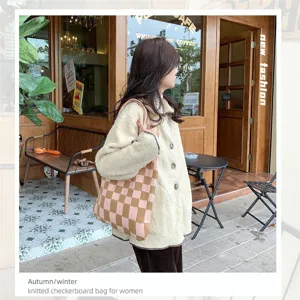 Women knit checkerboard tote bag casual autumn winter large capacity aesthetic shoulder handbag