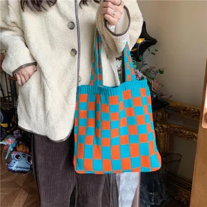 Knitted checkerboard tote bag for women, casual large capacity shoulder handbag blue orange