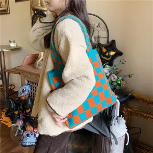 Blue orange knit checkered tote bag for women, casual autumn winter large capacity shoulder handbag.