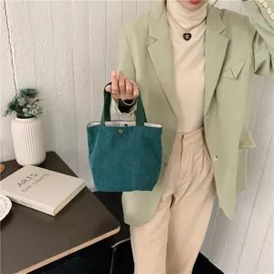 Green corduroy tote bag mini retro casual handbag stylish cloth bento bag for women
