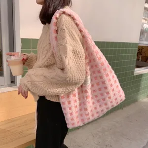 Pink plaid plush tote bag for women, large capacity fluffy shoulder bag for daily commute school.