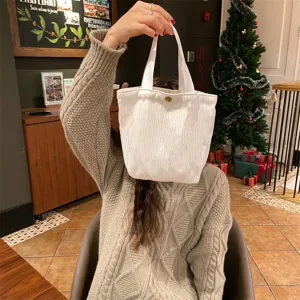 White corduroy mini handbag casual vintage tote bento bag versatile daily use stylish.