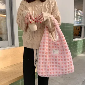 Pink white plaid fluffy tote bag cute plush shoulder bag large capacity casual handbag