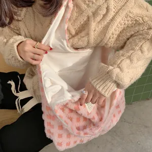 Plush tote bag with soft fuzzy texture, large capacity casual shoulder bag for daily use.